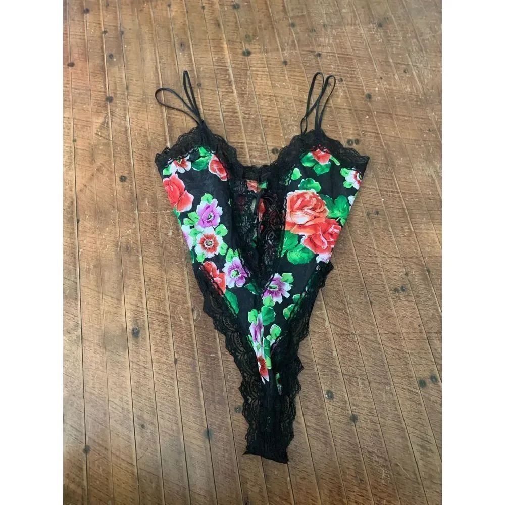 Victoria’s Secret vintage gold label lace up front floral satin teddy lingerie b